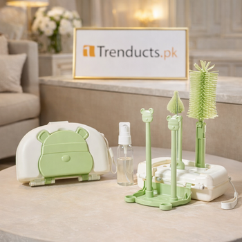 Portable baby bottle cleaning kit in an open travel case, showcasing a bottle brush, nipple cleaner, and soap dispenser.