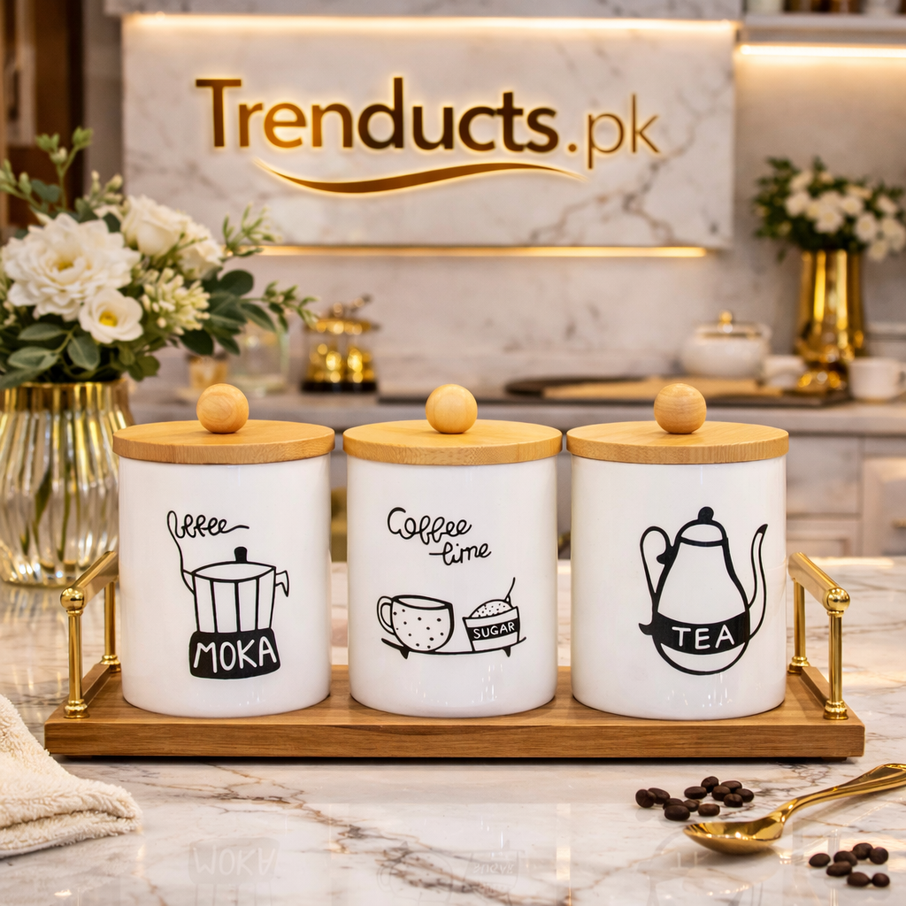 Ceramic Storage Jar Set with Wooden Base – Elegant Kitchen Storage Organizer