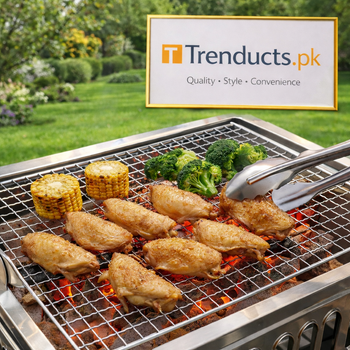 Square grid BBQ cooking net placed over an outdoor grill, ready for cooking vegetables and meats, showing a clean, durable mesh design.