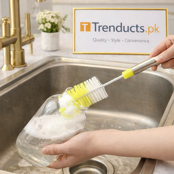 Long-handle bottle cleaning brush with durable nylon bristles, shown cleaning a stainless steel water bottle.