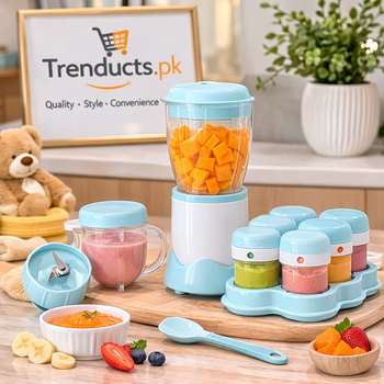 Multipurpose baby food processor and steamer, showcasing the blending container and digital control panel, ready for preparing baby food and juices.