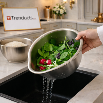 A premium stainless steel mixing bowl and matching fine-mesh strainer, showcased in a modern kitchen setting.