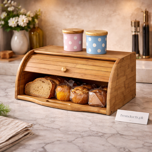 Premium Roll-Top Wooden Bread Box – Countertop Storage Organizer