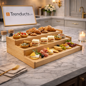 A 3-tier wooden serving display stand arranged elegantly on a table, holding various snacks and treats, highlighting its tiered design and natural wood finish.