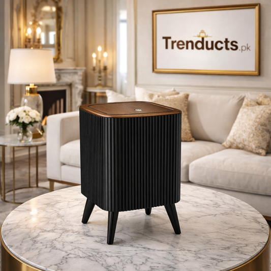 Modern Nordic Fluted Dustbin – Waste Basket with Wooden Lid & Elevated Legs