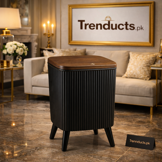 Modern Ribbed Dustbin – Waste Basket with Wooden-Finish Lid & Tripod Legs
