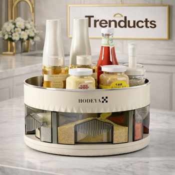 A sleek multi-compartment spice box organizer filled with various colorful spices, shown on a modern kitchen countertop.