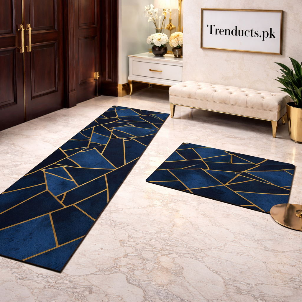 Modern Geometrical 2-Piece Runner Mat Set – Nappa Leather Fabric & Anti-Slip Rubber Base
