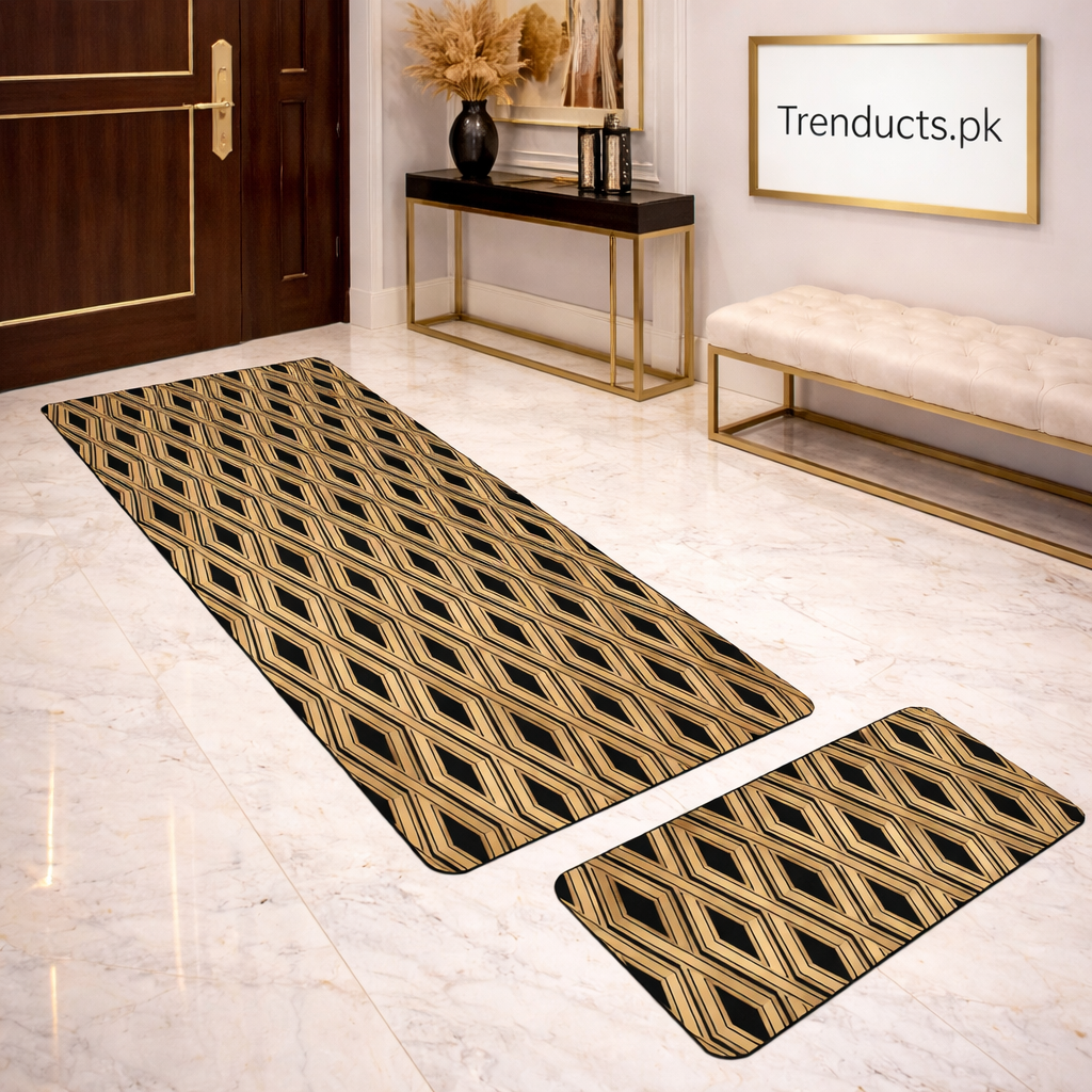 Modern Geometrical 2-Piece Runner Mat Set – Nappa Leather Fabric & Anti-Slip Rubber Base