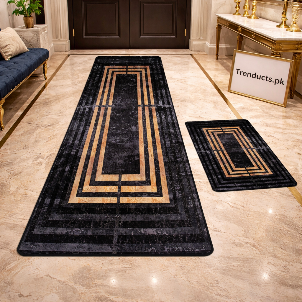 Modern Geometrical 2-Piece Runner Mat Set – Nappa Leather Fabric & Anti-Slip Rubber Base