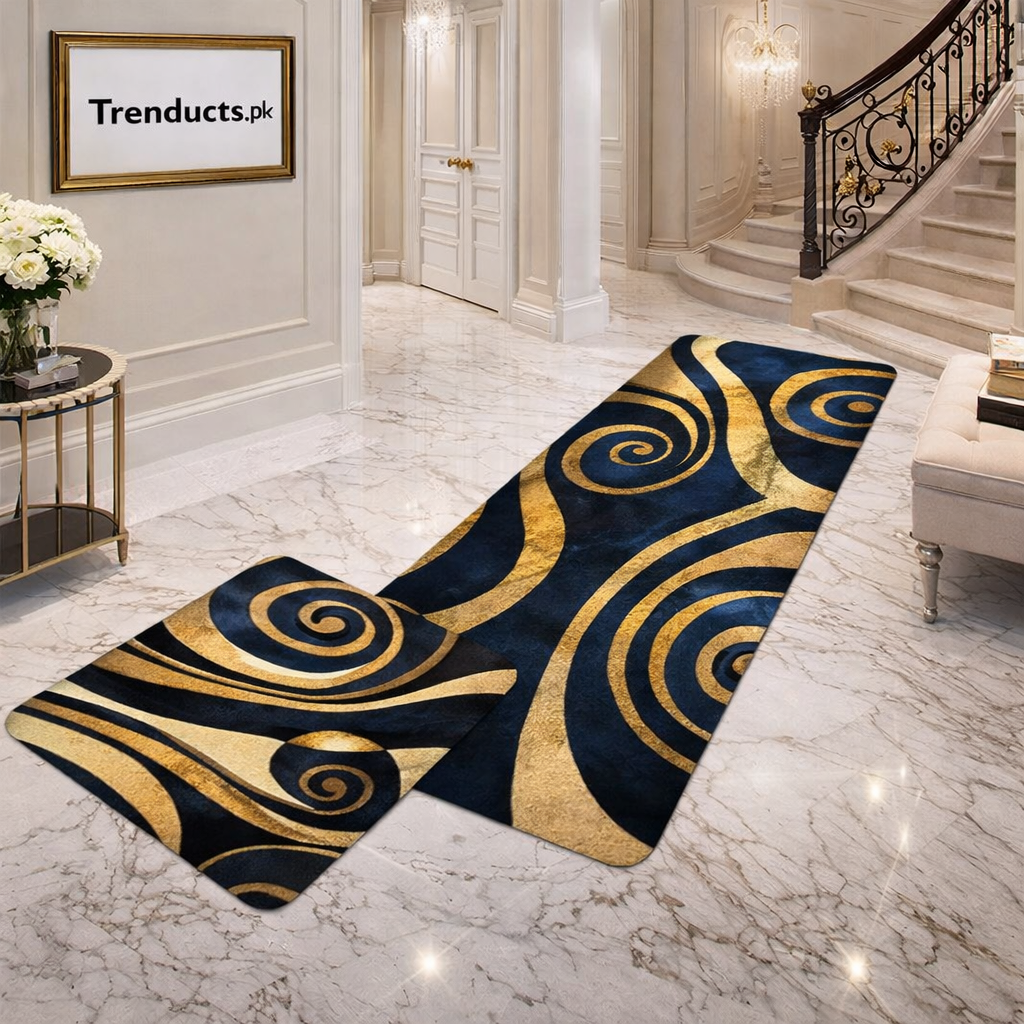 Modern Geometrical 2-Piece Runner Mat Set – Nappa Leather Fabric & Anti-Slip Rubber Base