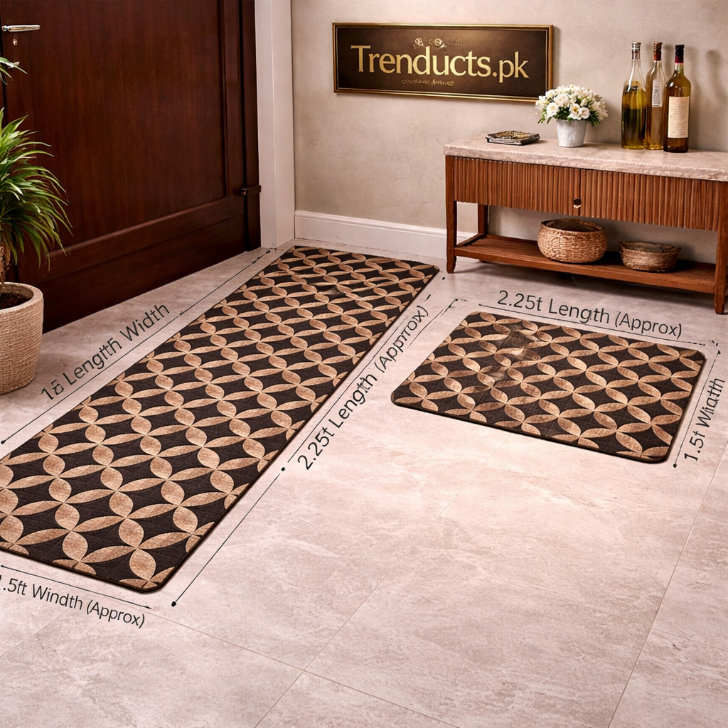 Modern Geometrical 2-Piece Runner Mat Set – Nappa Leather Fabric & Anti-Slip Rubber Base