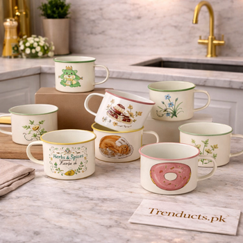 A set of classic white enamel mugs with black rims, showcasing a glossy finish and a nostalgic, rustic design.