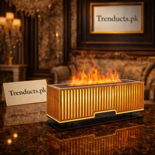 Black flame effect aroma diffuser with realistic orange mist flames on a modern living room coffee table.