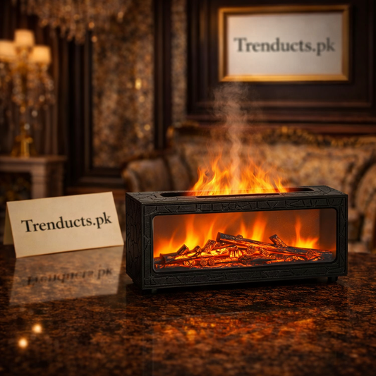Rectangular black LED fireplace aroma diffuser with realistic orange mist flames on a modern wooden TV console.