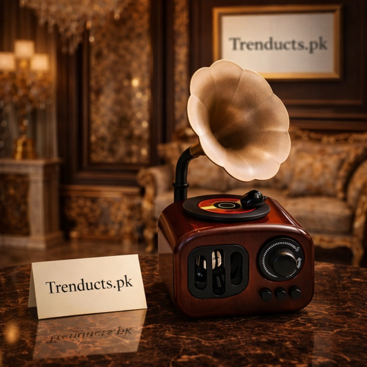 Antique wood-style musical gramophone box with a flared horn and rotating record plate for luxury home decor.