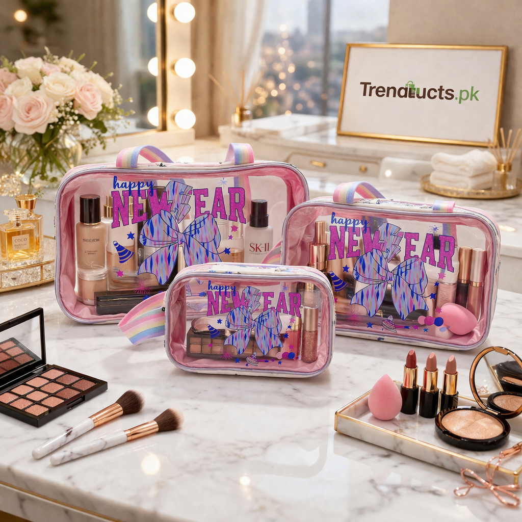3-Piece New Year Cosmetic Organizer Set – Luxury Toiletry & Makeup Travel Bag Trio (Random Design)