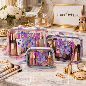 A coordinated 3-piece set of luxury cosmetic bags in varying sizes, ideal for makeup and toiletry organization.