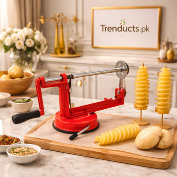 A red manual spiral potato slicer machine with a stainless steel blade, cutting a potato into a spiral shape on a kitchen counter.