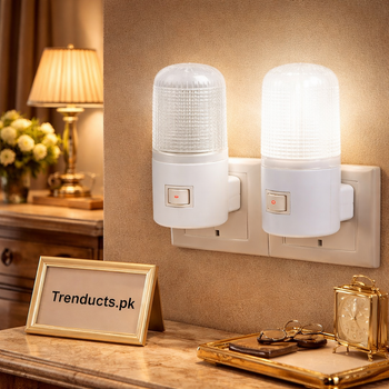 White Plug-in LED Night Light with Manual On/Off Switch for Bedroom and Hallway Safety.