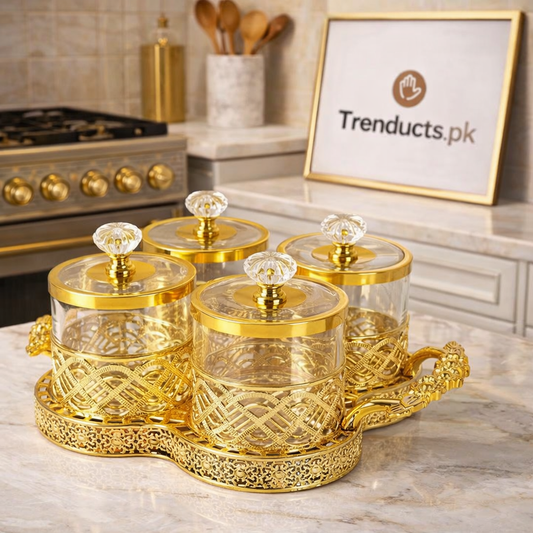 Luxury Golden Glass Spice Jar Set – 4 Pcs Premium Organizer