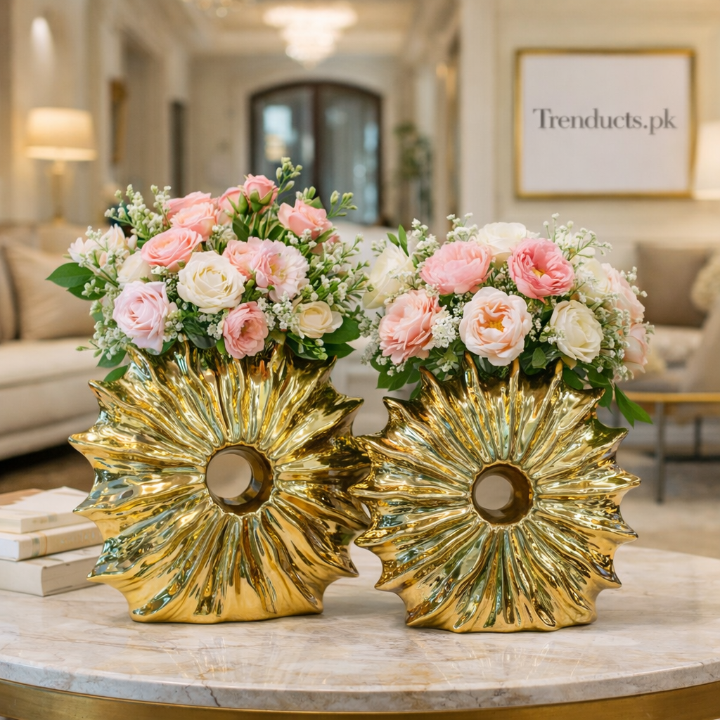 Golden Sunburst Ceramic Vase – Luxury Decor Centerpiece