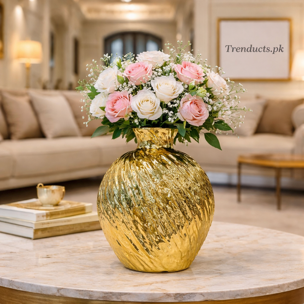 Golden Ribbed Ceramic Vase – Elegant Home Decor Centerpiece