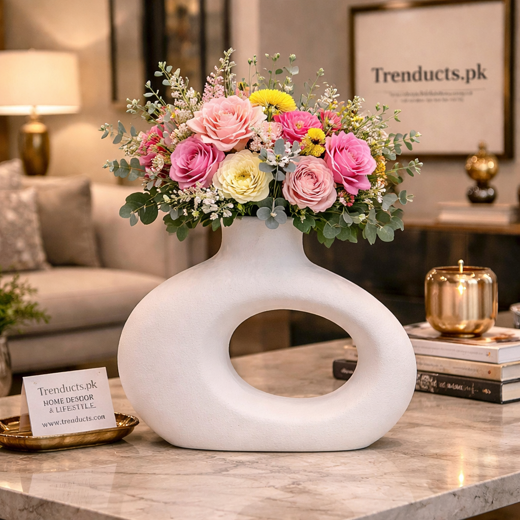 Ceramic White Round Ribbed Ring Vase