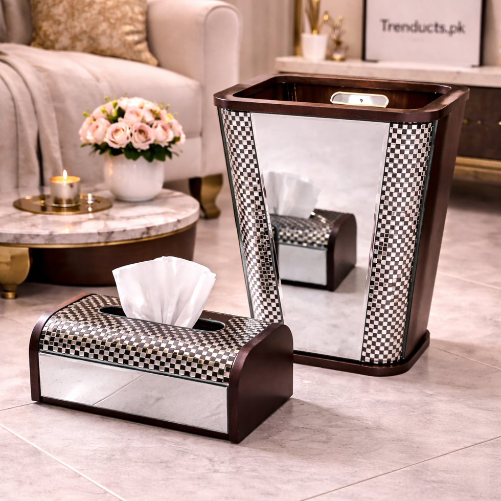 Crystal Luxe Wooden Dustbin & Tissue Box Set – Premium Decor