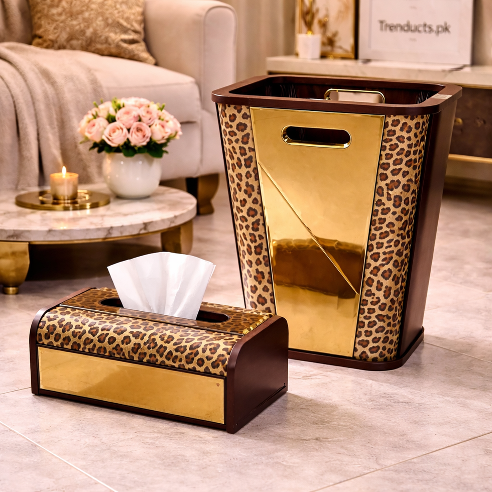Crystal Luxe Wooden Dustbin & Tissue Box Set – Premium Decor