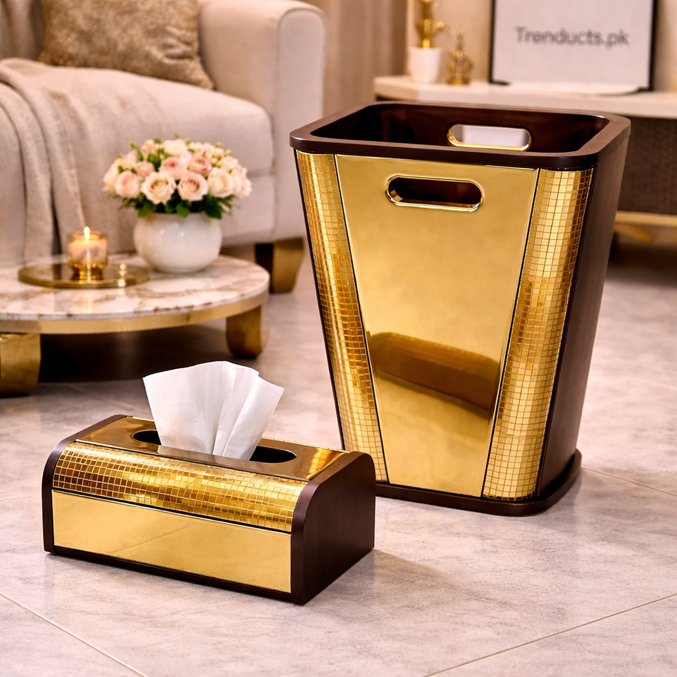 Crystal Luxe Wooden Dustbin & Tissue Box Set – Premium Decor