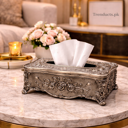 Royal Antique Metal Tissue Box – Vintage Floral Centerpiece
