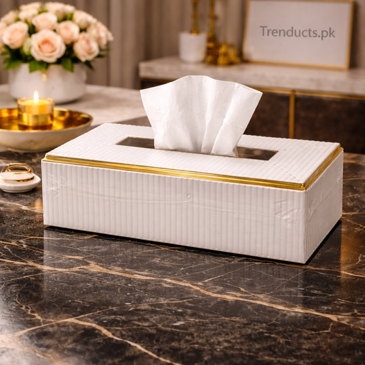 Fluted Elegance Wooden Tissue Box – Modern White & Gold Dispenser