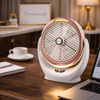 Portable white rechargeable desktop fan with integrated COB LED light panel, folded on a desk, perfect for Pakistani home and office use.