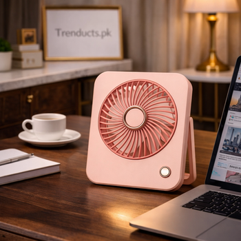 Mini colorful 3-speed desktop fan in random colors, compact 14.5cm size, perfect for office and study table cooling in Pakistan
