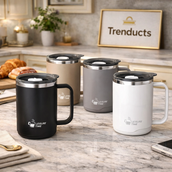 Minimalist cream-colored ceramic coffee mug with horizontal wavy ribbed texture and rounded handle, perfect for modern home office decor.