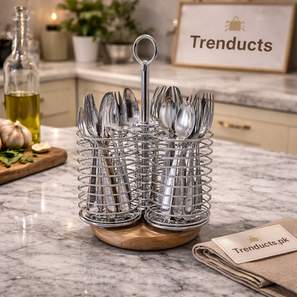 360° Revolving Stainless Steel Spoon Holder – Multi-Slot Cutlery Organizer