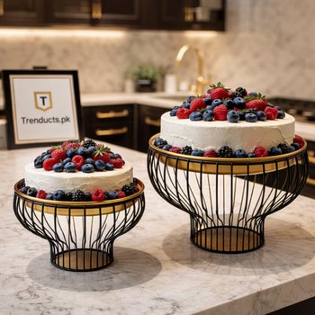 Elegant matte black pedestal cake dish in small and big sizes, featuring a modern minimalist design for luxury dessert presentation.