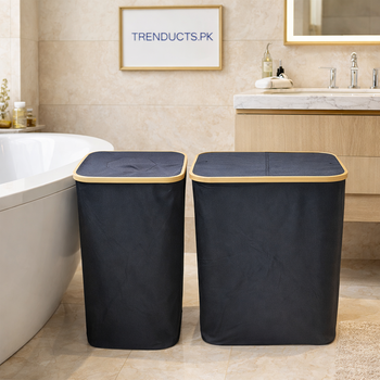 Comparison of single and double black laundry baskets with bamboo rims for home organization.
