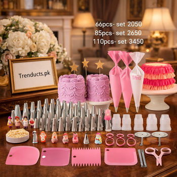 Large 110-piece cake decorating set featuring a rotating turntable and various stainless steel piping tips on a clean white countertop.