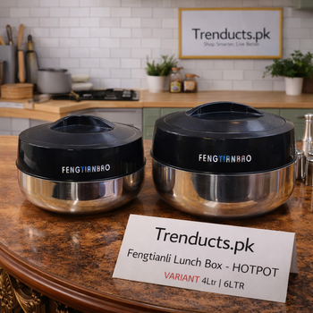Fengtianbao insulated stainless steel hotpot lunch box with black twist-lock lid on a wooden surface.
