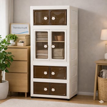 Modern multipurpose white storage cupboard used as an organizer in a kitchen or study.