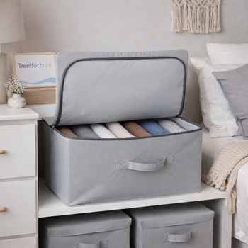 Foldable cloth storage box for clothes, linens, and wardrobe organization.