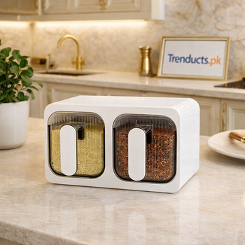 Modern 2-compartment wall-mounted spice organizer for kitchen counter space saving.