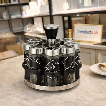 Elegant 8-piece rotating spice rack with marble-look base and premium glass jars for luxury kitchen organization.