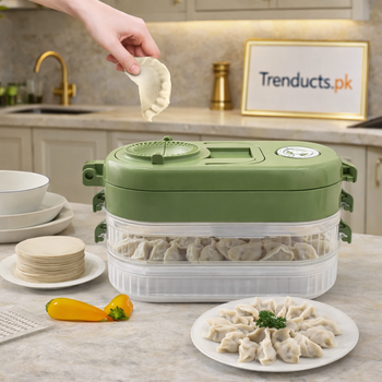 Multifunctional manual dumpling maker with dough press mold and storage box for professional home snack preparation.
