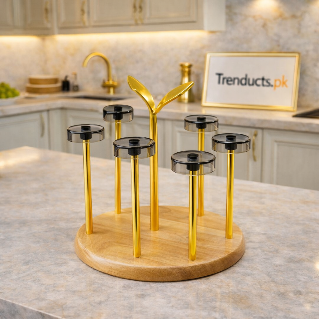 Premium Glass Stand - Stainless Steel with Solid Wooden Base
