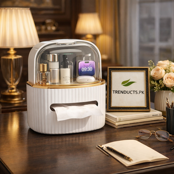 Stylish vanity organizer with integrated tissue box and dust-proof acrylic door for skincare and makeup storage.
