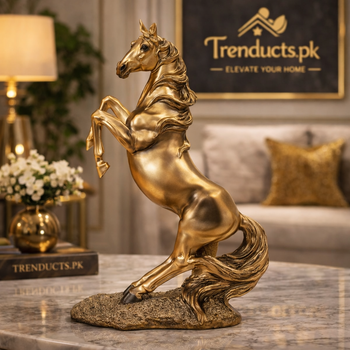 Royal Golden Rearing Horse Statue, 12-inch dynamic golden stallion for luxury home and office decor.