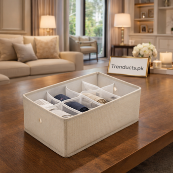 Multi-partition cloth storage box with reinforced straps, designed for effortless wardrobe and drawer organization.
